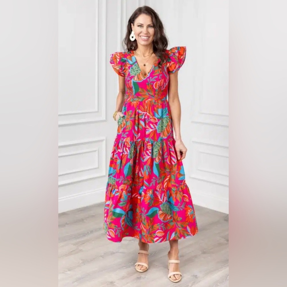 Sugarlips Fuchsia Maxi Dress with Teal and Coral Leaf Print